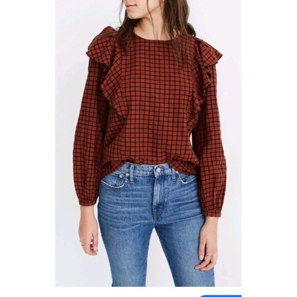 Madewell Ruffle Front Plaid Blouse Top Women's Small Burnt Orange Fall Prairie - Picture 2 of 9